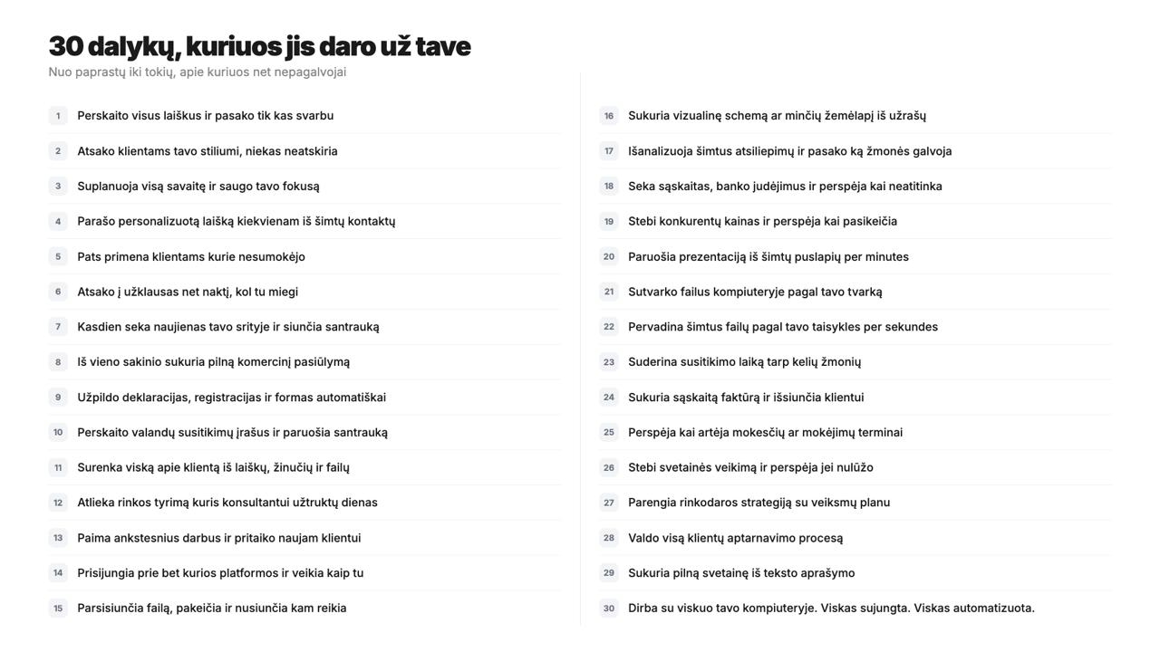 30 dalykų kuriuos AI asistentas daro už tave